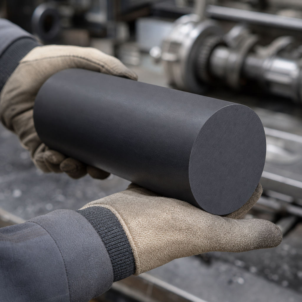 Leather-gloved hands holding a matt charcoal nylon billet, workshop machinery blurred behind