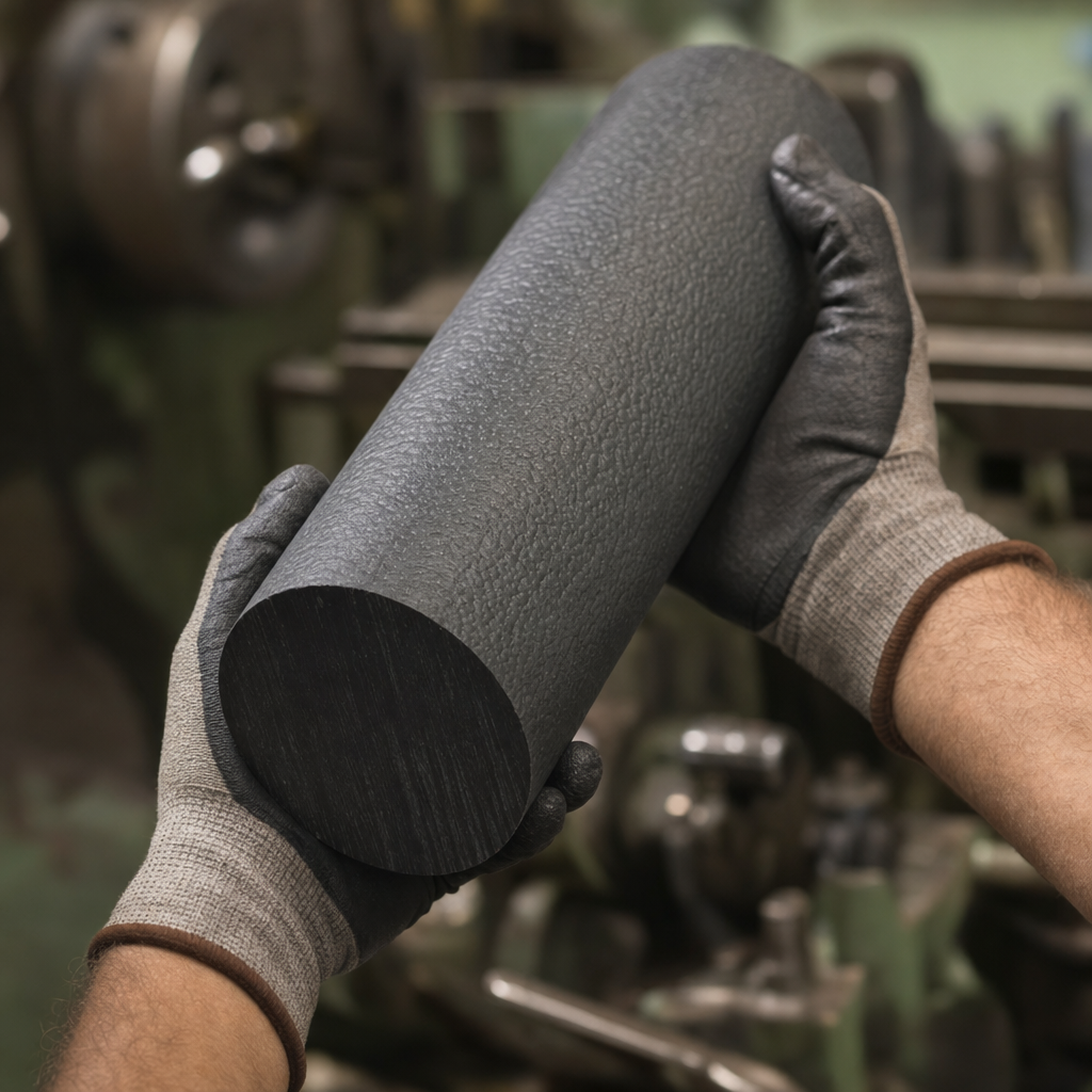 Cream-gloved hands holding a coarse-textured grey nylon billet, green machinery behind