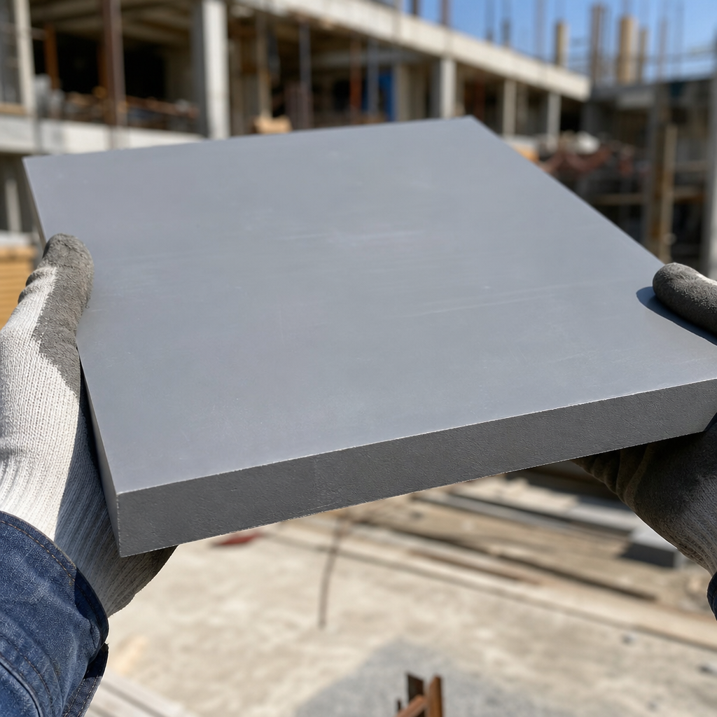 Gloved hands holding a thick mid-grey PVC panel on a building site, scaffolding behind
