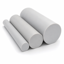 Three light grey PVC rods in stepped diameters on white, matt round cut ends to the right