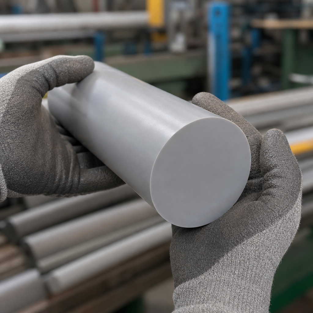 Mid-grey PVC rod held in grey gloves, smooth circular cut face forward, racked grey bar behind