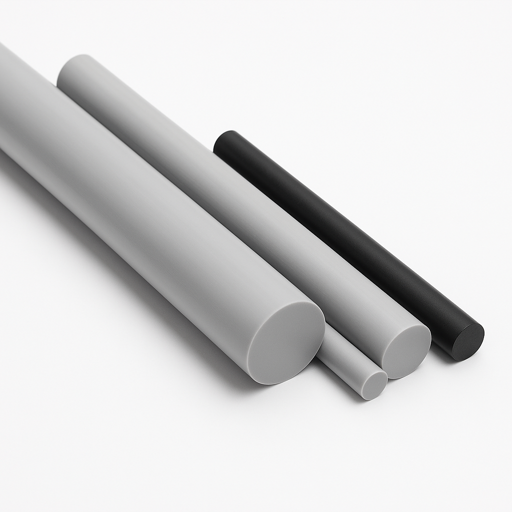 Four PVC rods angled across white, three grey in varying diameters and one black, cut ends towards the camera