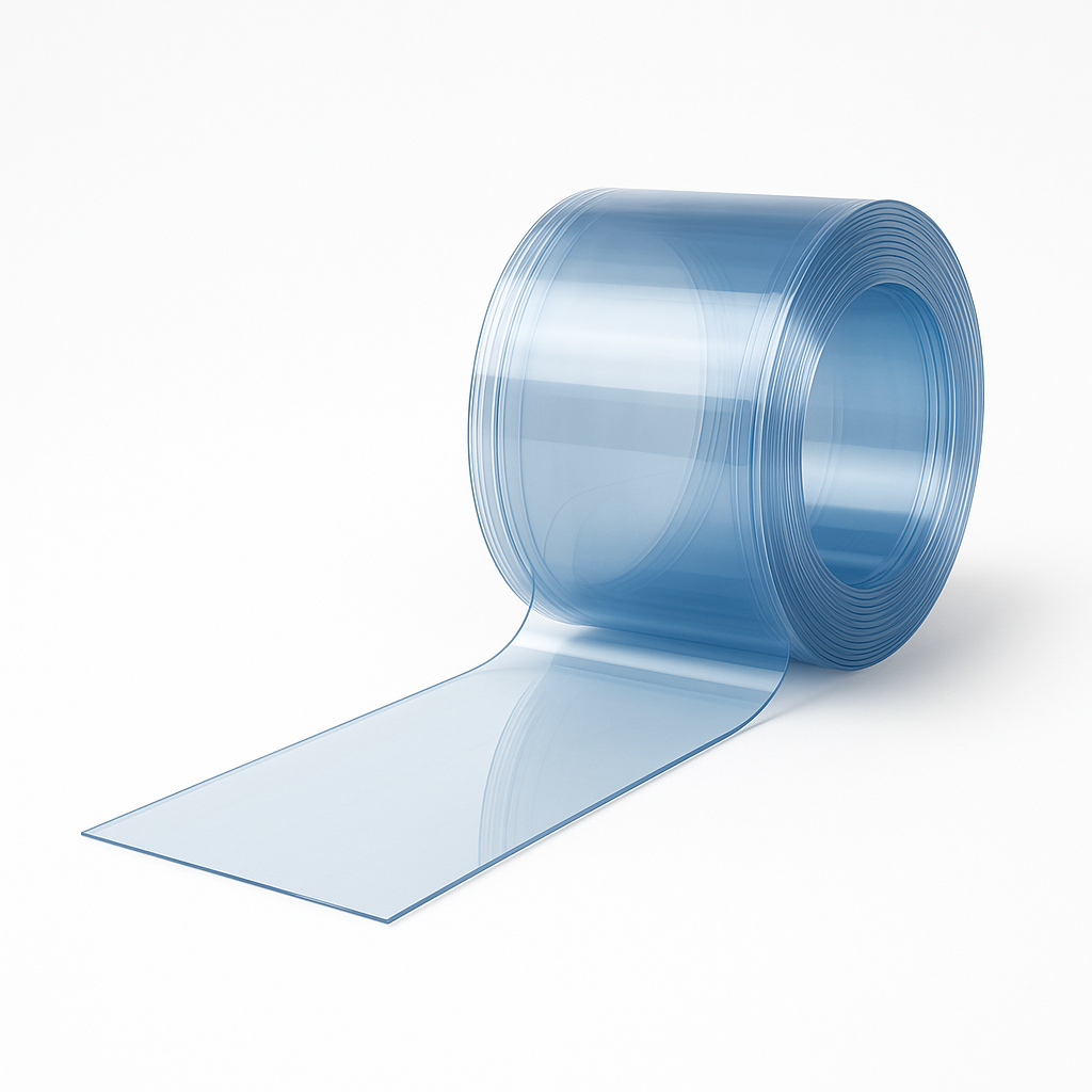 Clear blue-tinted PVC strip wound into a roll with a loose length unrolling forward on a white background