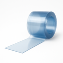 Clear blue-tinted PVC strip wound into a roll with a loose length unrolling forward on a white background