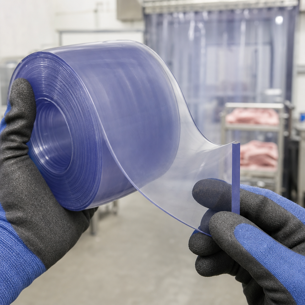 Gloved hands unrolling a clear PVC strip from its roll, with a curtained chiller room behind