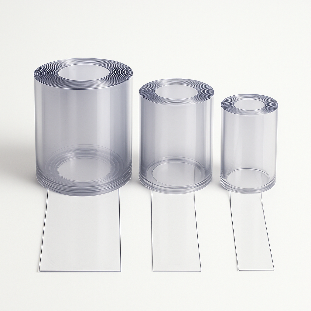 Three clear PVC strip curtain rolls in descending widths on white, a loose strip unrolled from each