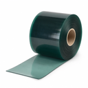 Roll of dark green welding-grade PVC strip on a cardboard core against white, tail unrolled flat