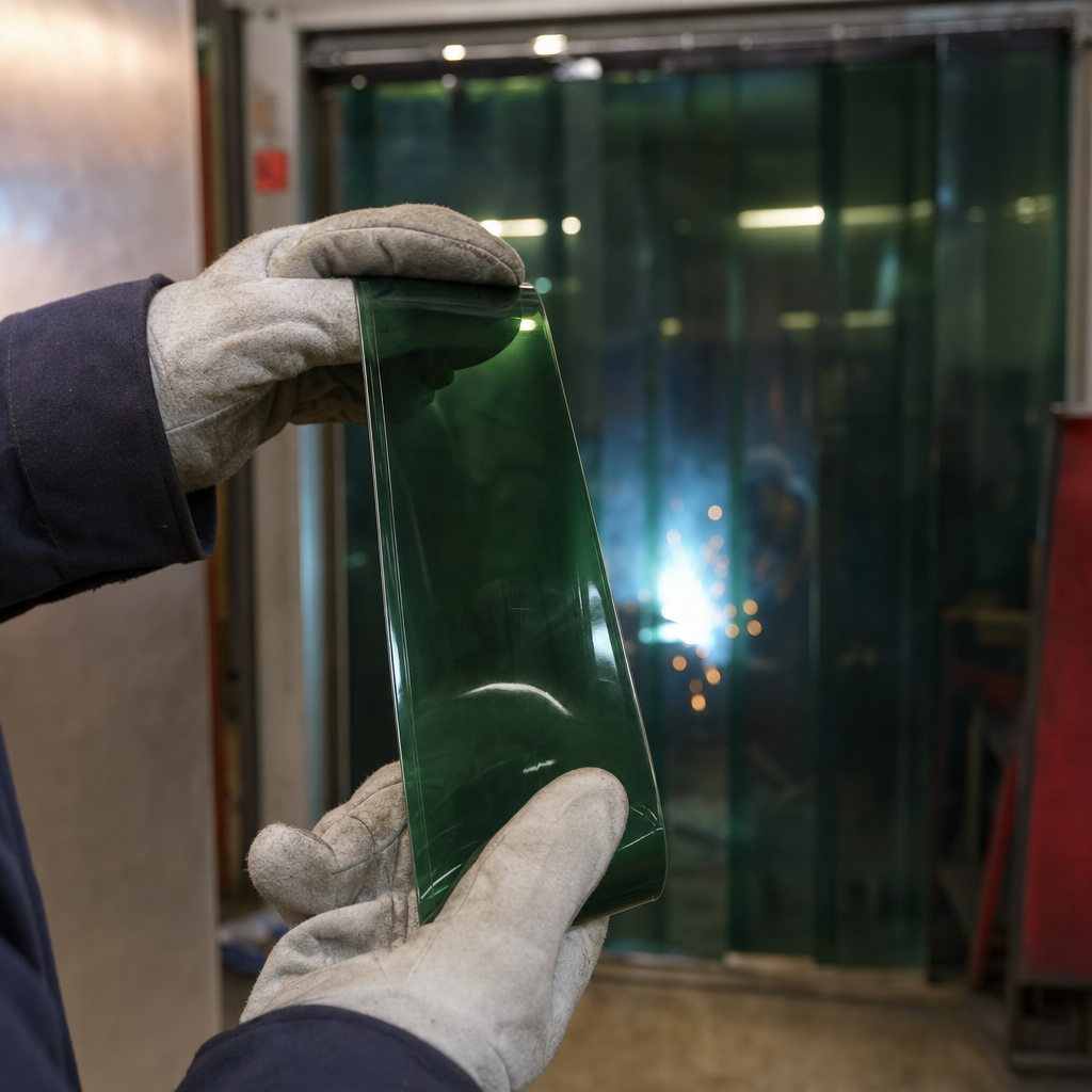 Gloved hands holding a green welding-grade PVC strip in front of a green screen curtain with an arc flashing behind