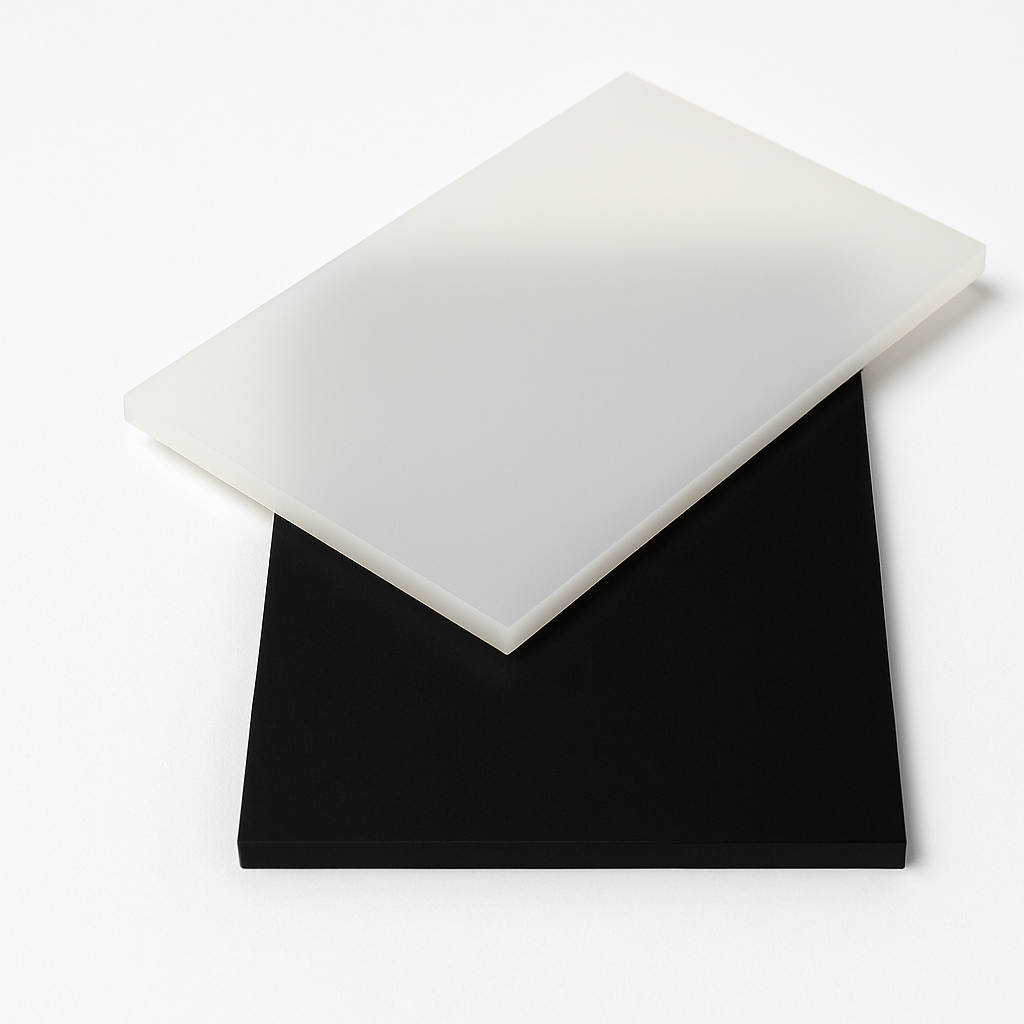 Translucent milky white polypropylene sheet lying at an angle across a matt black sheet on a plain white background