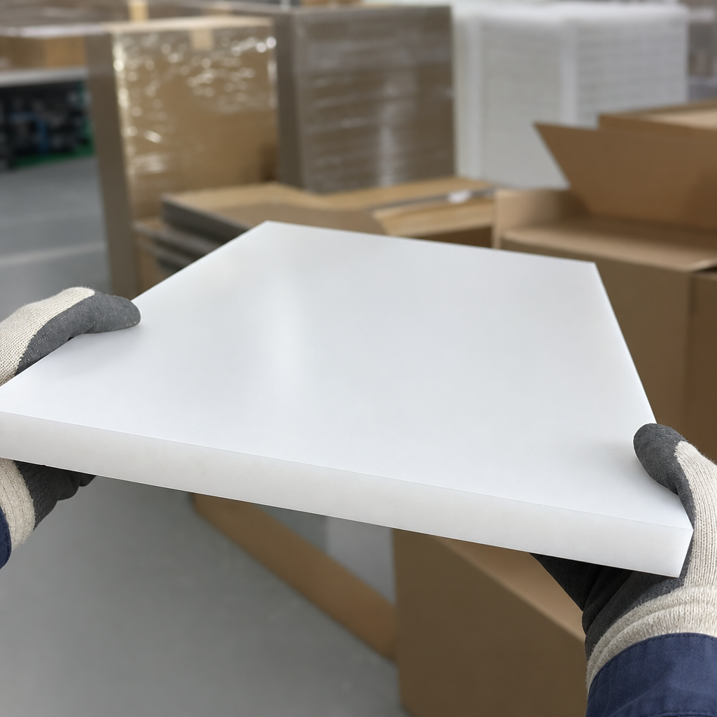 Two gloved hands holding a white polypropylene panel angled up, cardboard boxes and stock behind