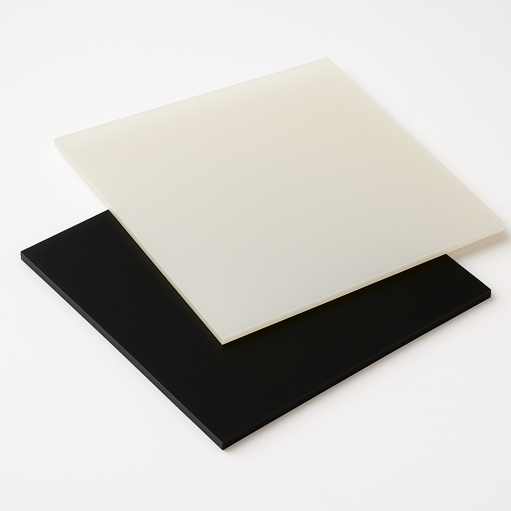 Off-white translucent polypropylene sheet resting on a black sheet of the same size against a white backdrop