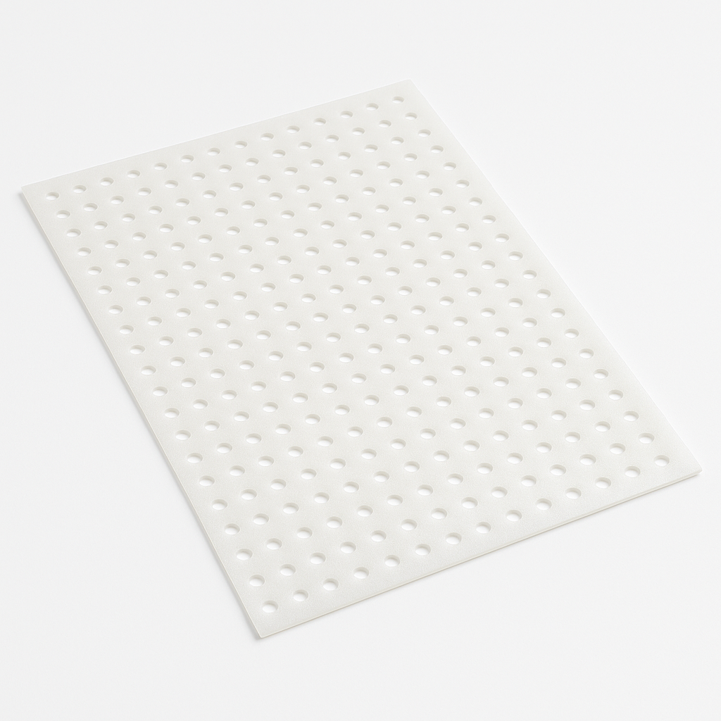 White perforated polypropylene sheet angled on a plain white studio background, round holes in a regular grid