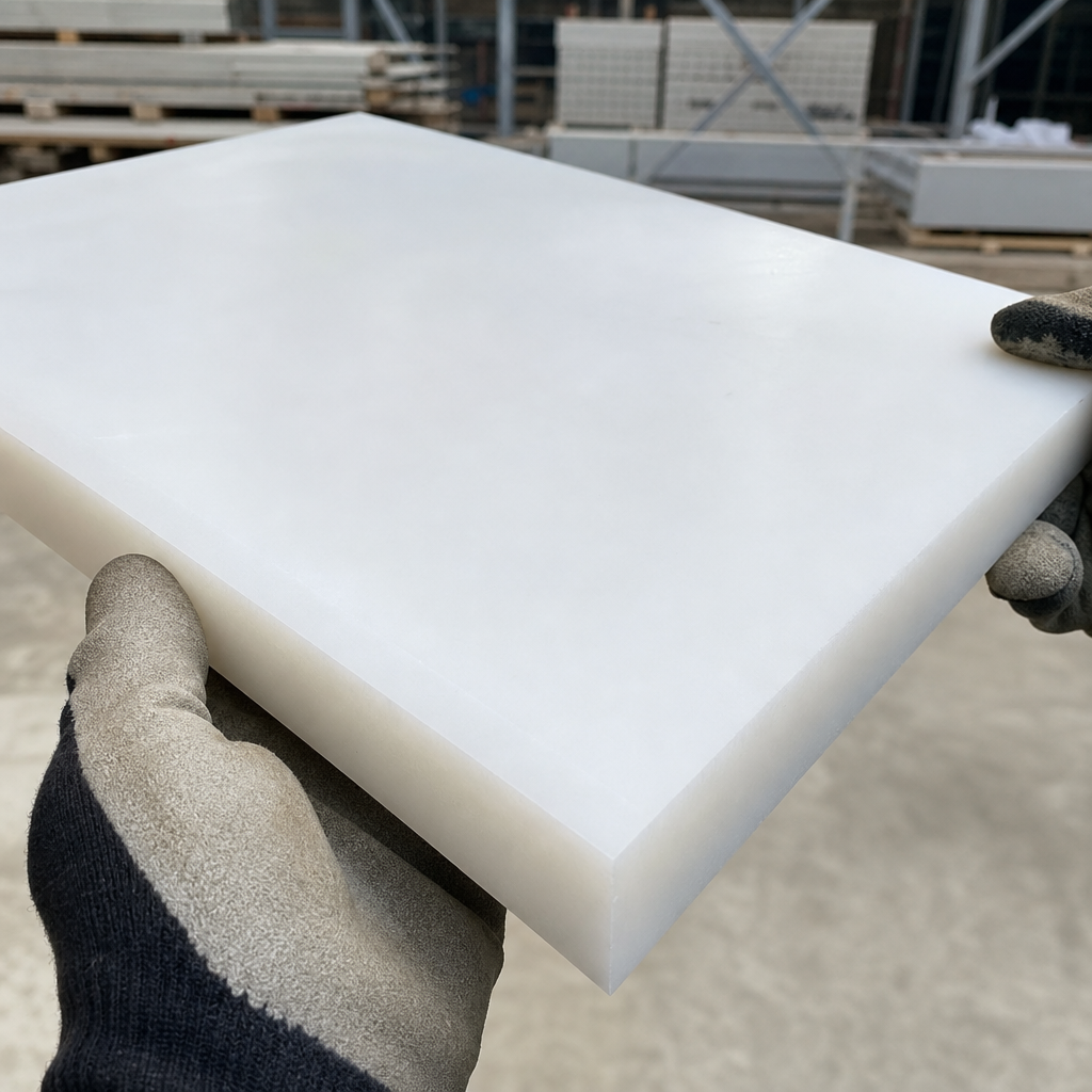 Gloved hands holding a thick milky white polypropylene slab in a yard, racked stock behind