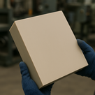 Navy-gloved hands holding a thick beige square polypropylene sheet in a blurred workshop