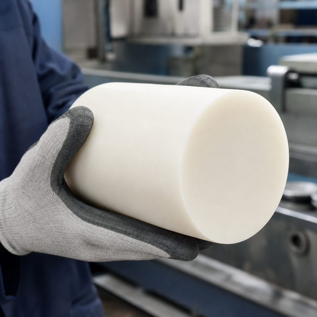 Gloved hand holding a large cream polypropylene billet, factory machinery blurred behind
