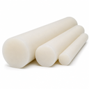 Three creamy off-white polypropylene rods in stepped diameters on white, cut ends to the left