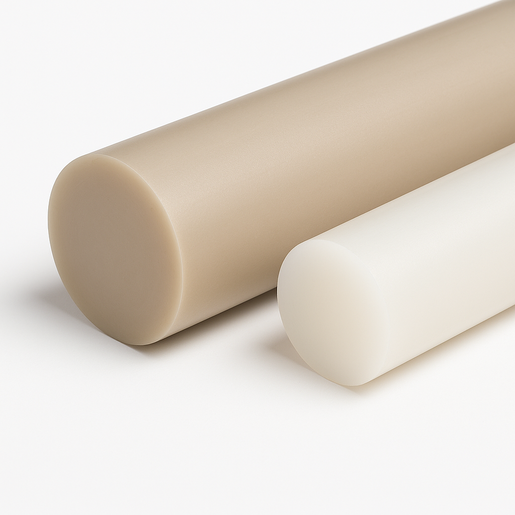 Close-up of two polypropylene rods on a pale background, a wider beige bar beside a slimmer white one