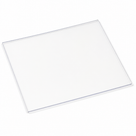 Clear polycarbonate sheet lying flat on a white studio background, edges catching a faint blue-grey