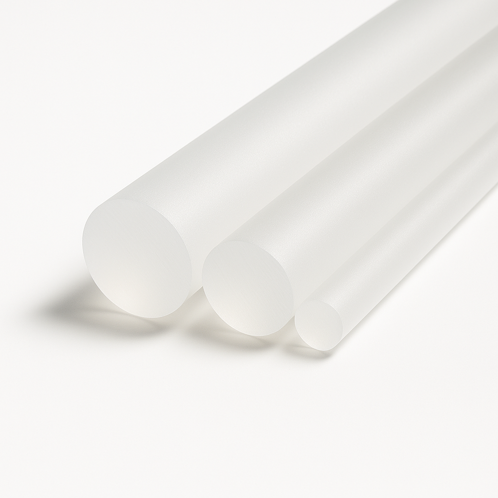 Three translucent polycarbonate rods of different diameters on white, frosted round cut faces forward