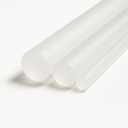 Three translucent polycarbonate rods of different diameters on white, frosted round cut faces forward