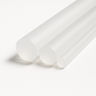 Three translucent polycarbonate rods of different diameters on white, frosted round cut faces forward