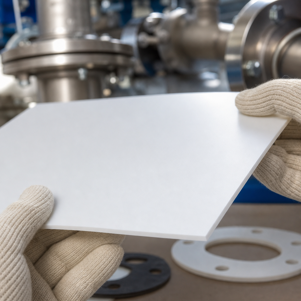 Cream knit gloves holding a thin white sheet above cut ring gaskets, stainless pumps behind