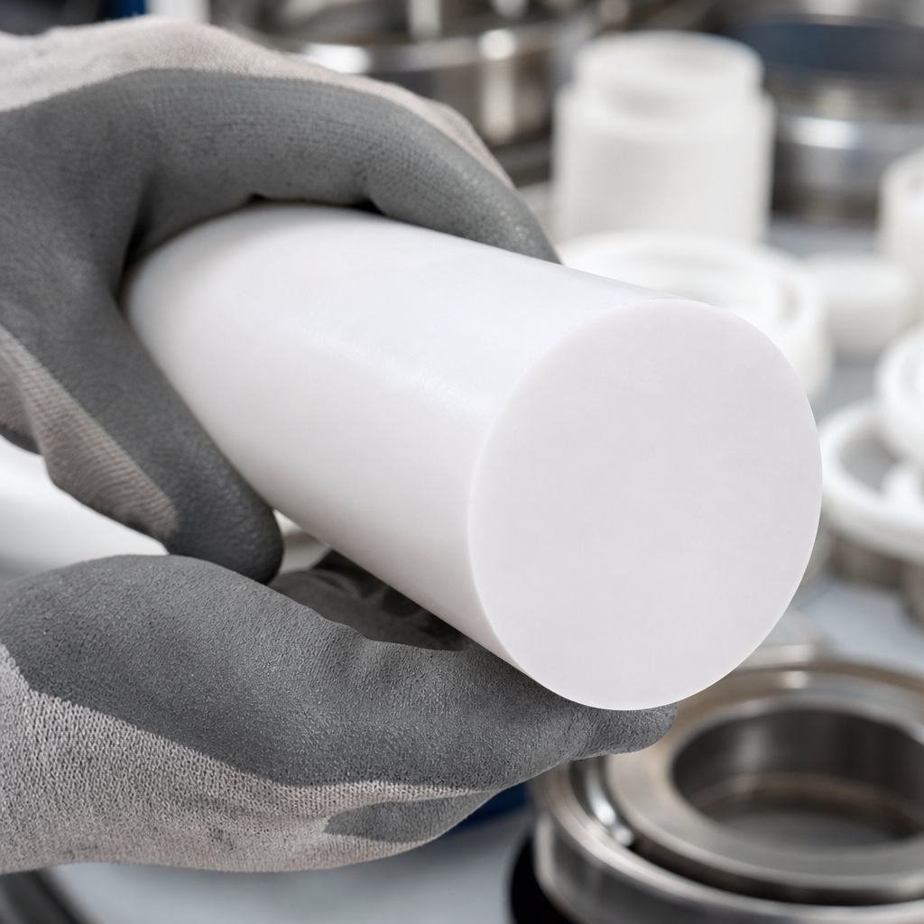 Grey glove holding a white PTFE rod, white bushes and steel bearings behind