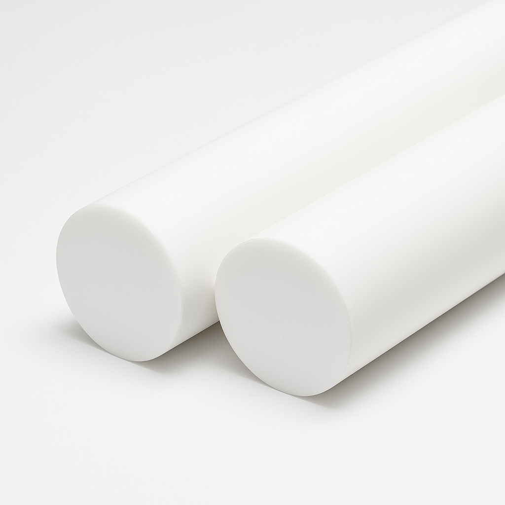 Two large white PTFE rods side by side on a plain white background, flat cut faces angled towards the camera