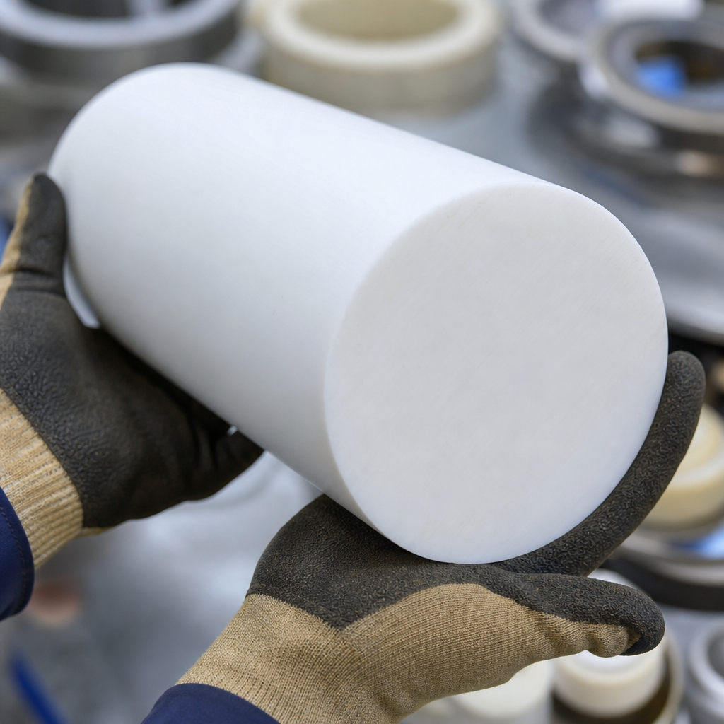 Tan and brown gloves holding a large white PTFE billet end-on, white rings behind