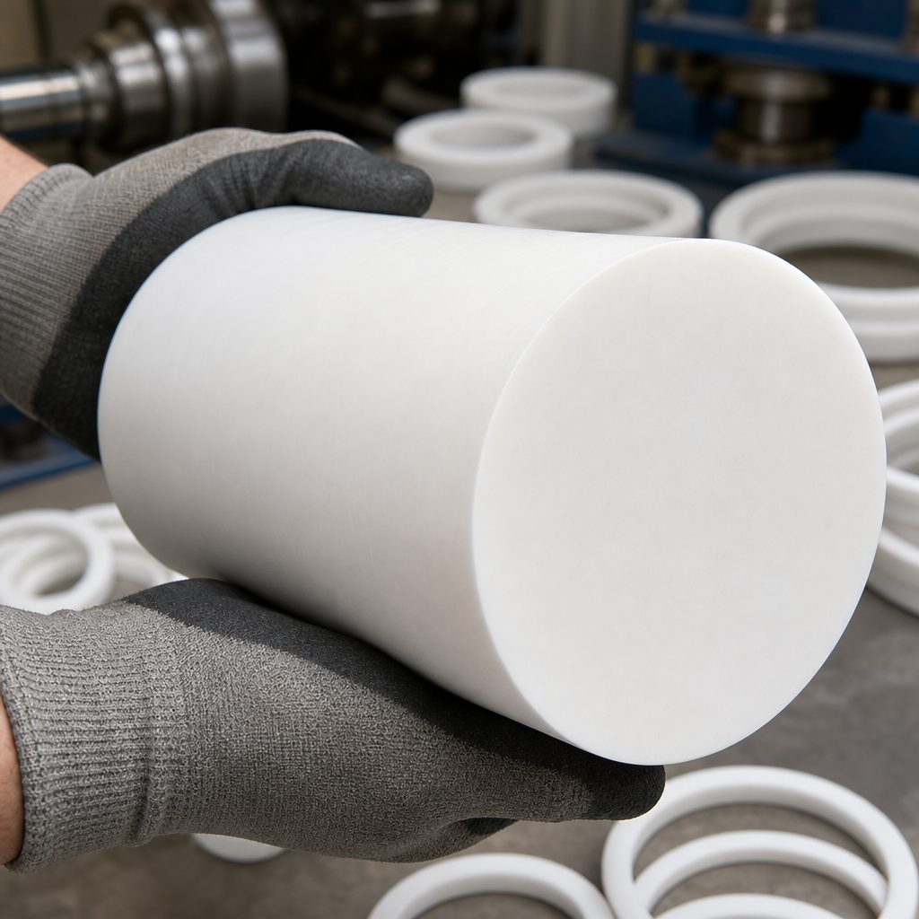 Gloved hands holding a large white PTFE billet, stacks of white PTFE rings behind