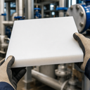 Gloved hands holding a thick white PTFE slab in a plant room, blue valves and flanged pipework behind