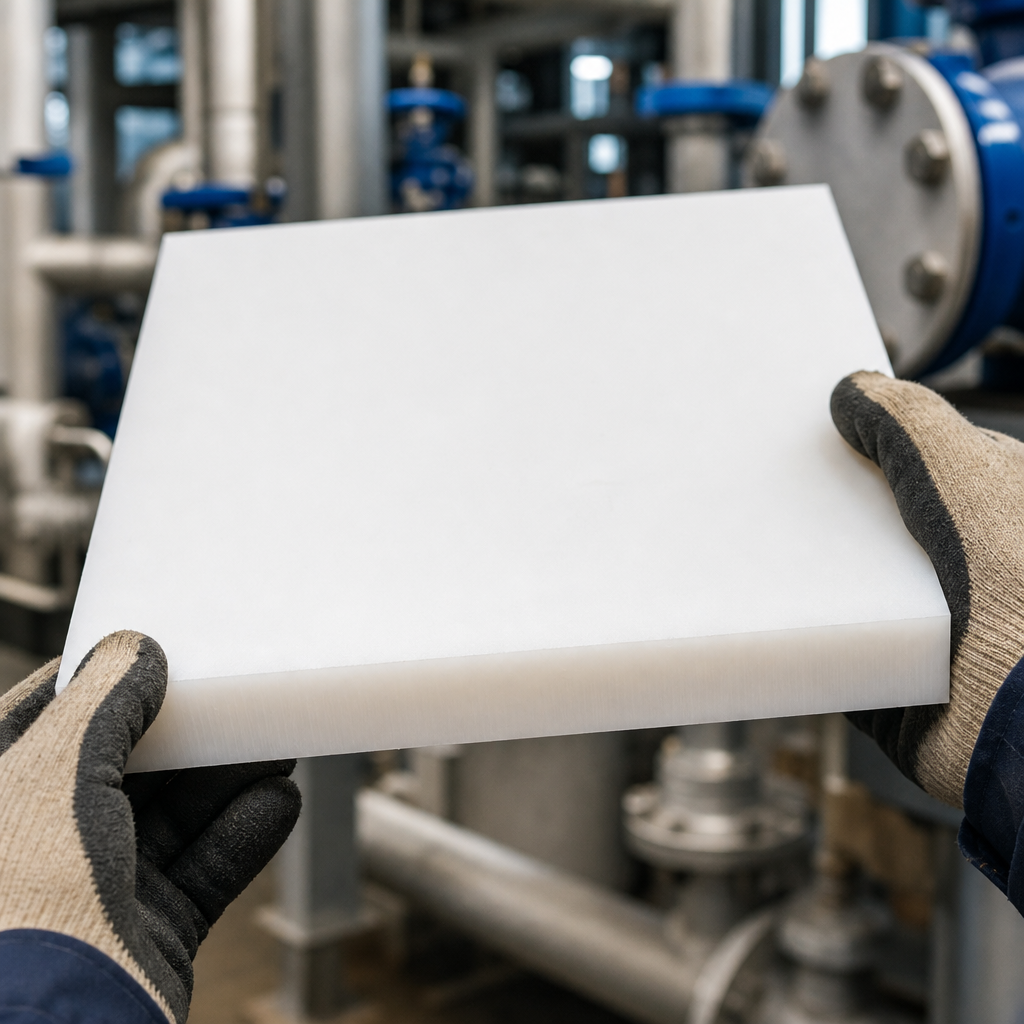Gloved hands holding a thick white PTFE slab in a plant room, blue valves and flanged pipework behind