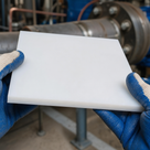 Blue-gloved hands holding a thin white square sheet in front of a flanged steel pipe assembly