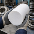 Grey-and-cream gloves holding a large white PTFE billet end-on, steel flanges behind