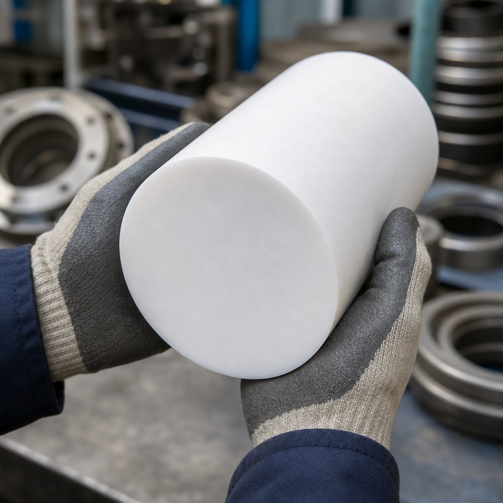 Grey-and-cream gloves holding a large white PTFE billet end-on, steel flanges behind