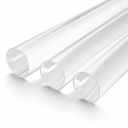 Three clear acrylic tubes lying parallel on a white studio background, hollow open ends stepping down in diameter