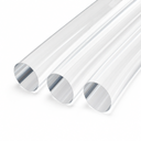 Three clear acrylic tubes angled on a white studio background, hollow oval cut ends towards the camera