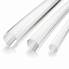 Three clear acrylic rods on white, solid angle-cut ends forward, diameters stepping down towards the back