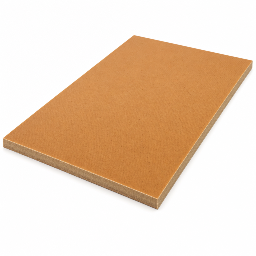 Thin tan phenolic cotton laminate sheet angled on white, sanded matt face and a pale-edged side