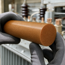 Reddish-brown phenolic laminate rod with woven fabric texture, gloved hands, electrical switchgear behind