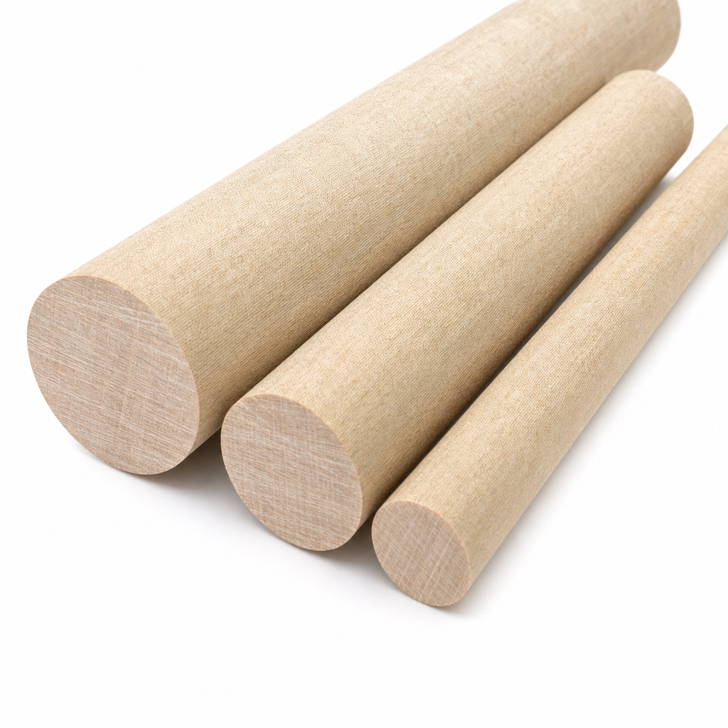Three tan phenolic cotton laminate rods of different diameters on white, woven fabric grain in the end faces