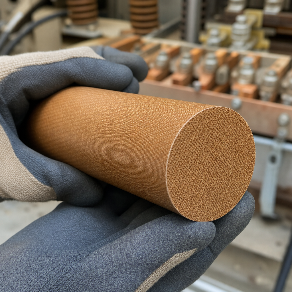 Orange-brown phenolic laminate rod cradled in navy and cream gloves, cloth weave across the sawn face