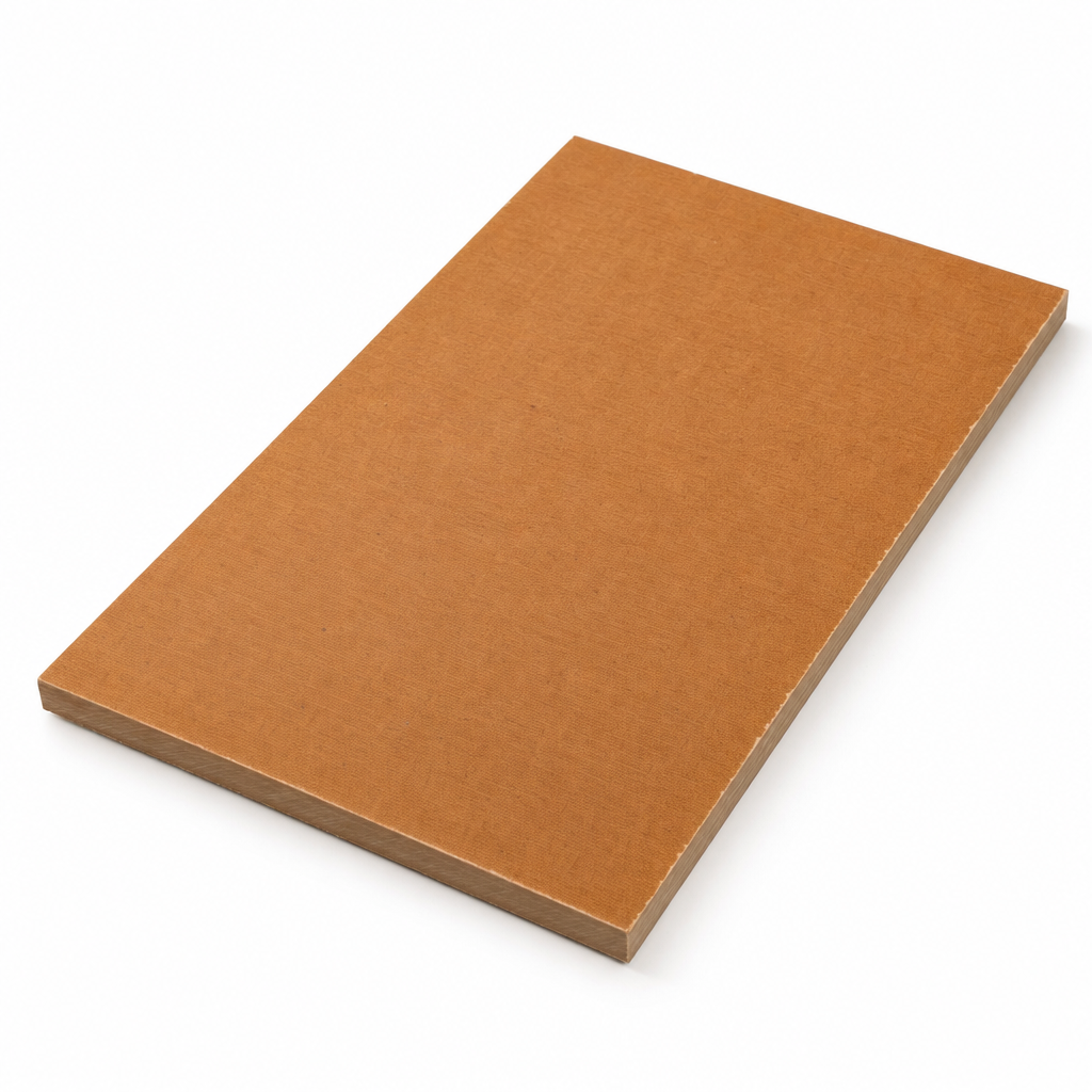 Tan-brown phenolic cotton laminate slab angled on white, layered fabric plies banding the thick cut edge