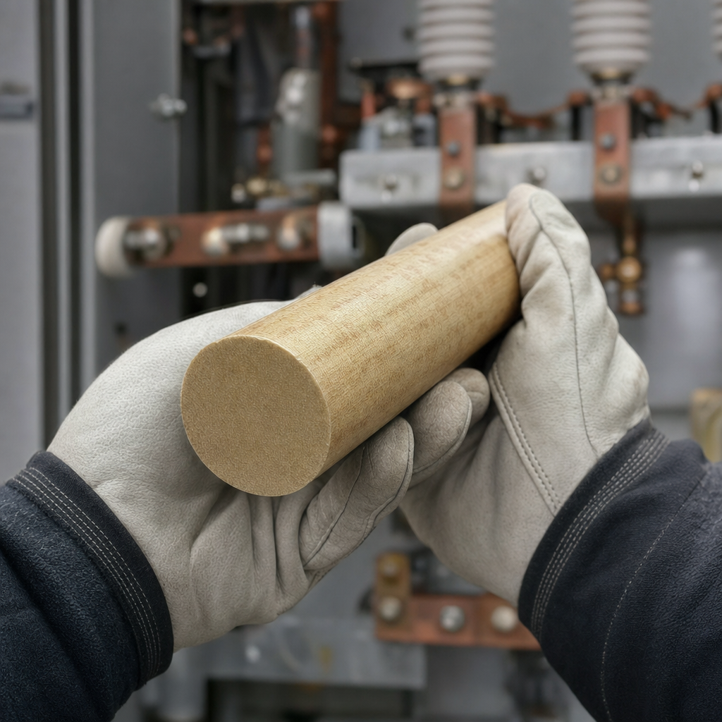 Pale straw phenolic laminate rod held in white leather gloves in front of copper busbar switchgear