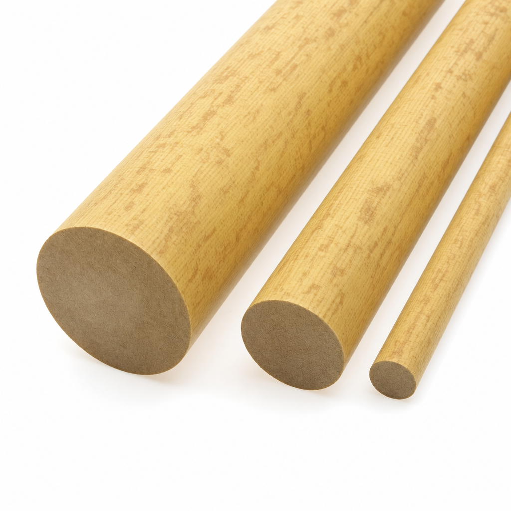 Three mottled yellow-tan phenolic cotton laminate rods of stepped diameter on white, cut ends forward