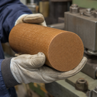 Tan-orange phenolic laminate billet in white leather gloves, woven fabric weave visible in the end face