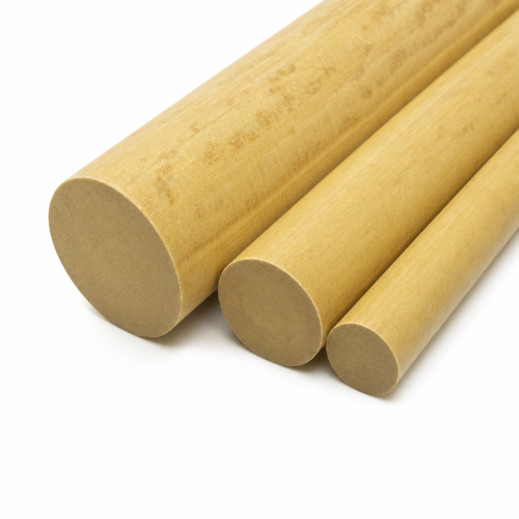 Three mustard-yellow phenolic laminate rods in stepped diameters on white, matt cut ends forward