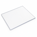 Clear acrylic sheet lying flat on white, faint blue-grey tint picking out its polished edges