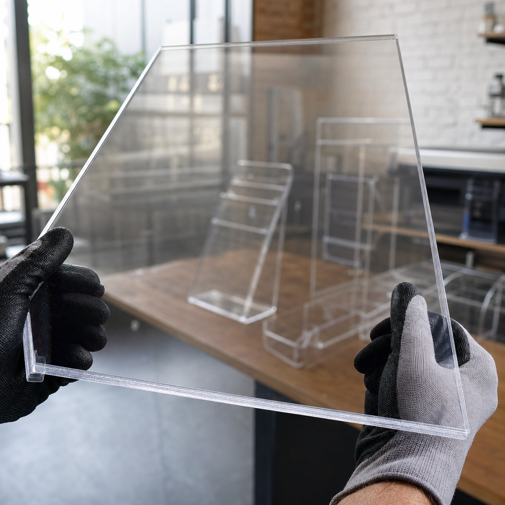 Gloved hands holding a large clear acrylic panel in a workshop, acrylic display stands behind