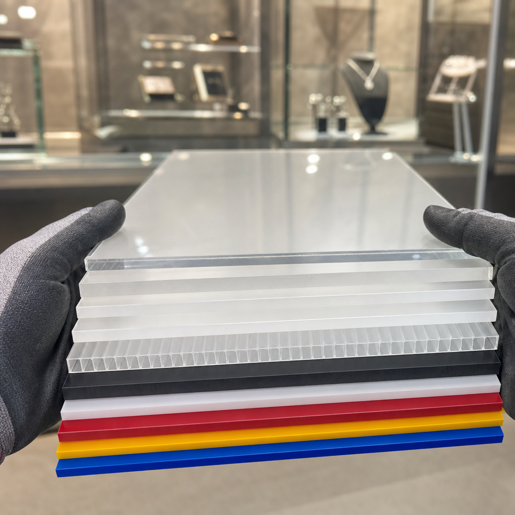 Stack of A4 acrylic sheets in mixed colours and finishes held by gloved hands